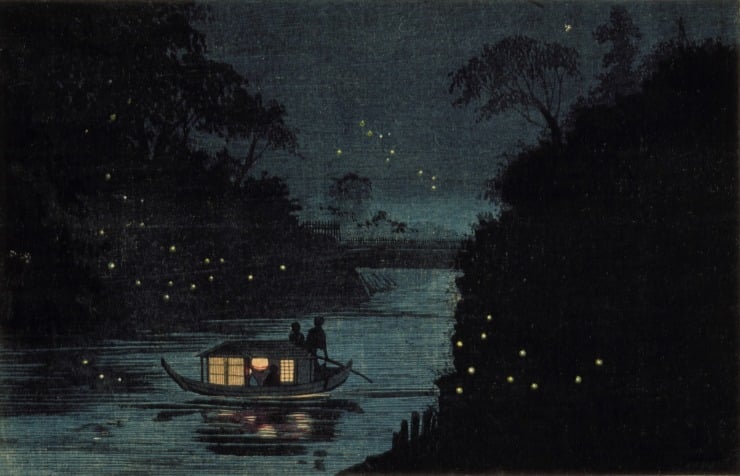 boat on a river at night and fireflies are everywhere