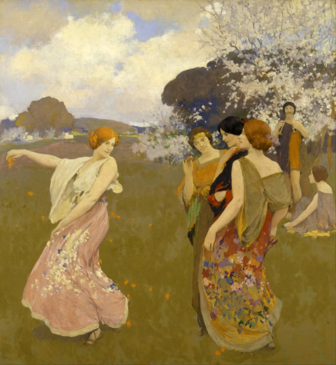 women dance in a field with cherry blossoms