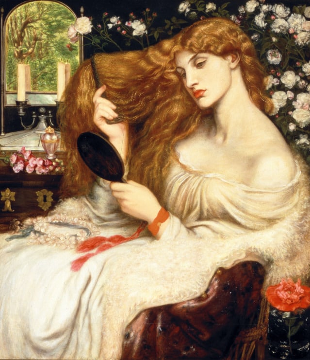 a woman sits among cherry trees and combs her hair and holds a mirror 