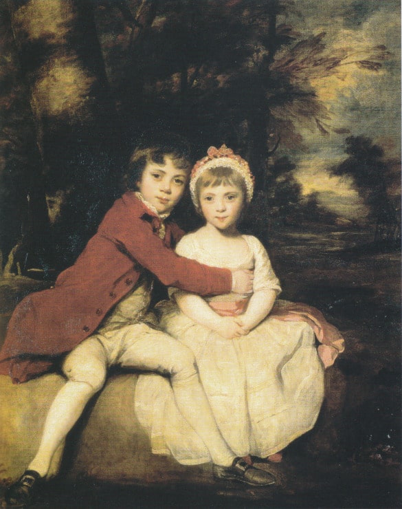 brother and sister sit for a painting, the brother hugs his sister 
