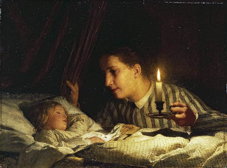 mother looking at her sleeping child by candlelight
