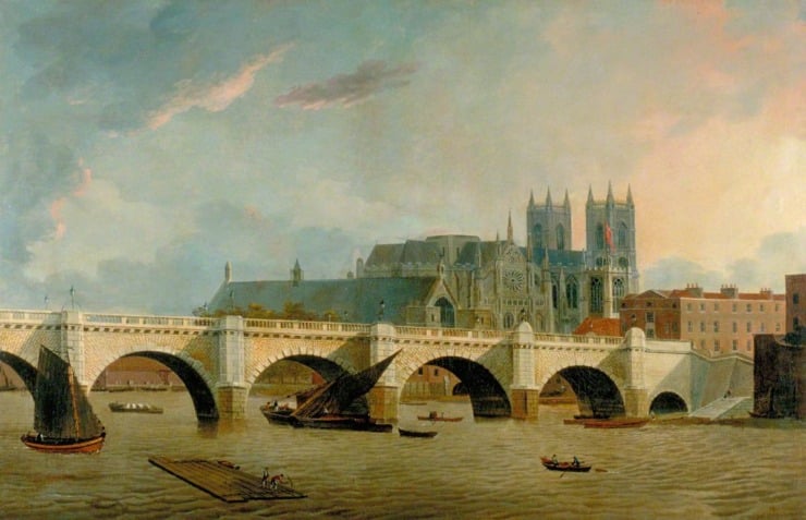 painting of the westminster bridge with sailboats passing underneath