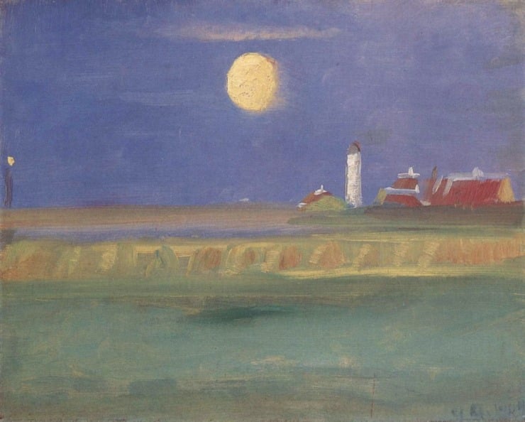 a night sceen showing an almost full moon and a lighthouse in the distance 