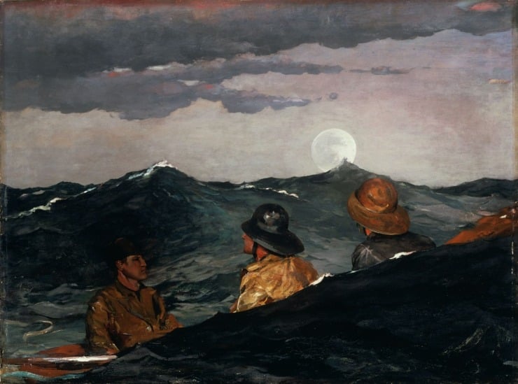 a crew of men on a boat ride the rough waters in a boat while the moon peaks over the horizon