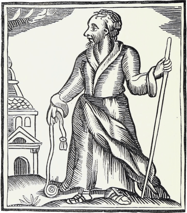a drawing of a man holding a cane and a ball of fabric