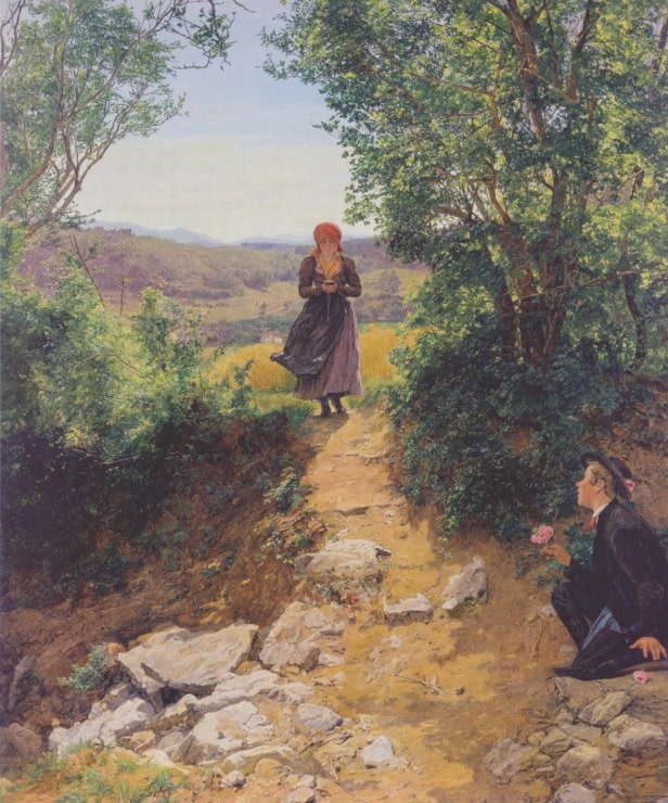 two figures stand in a field one is walking towards the other who is crouched down