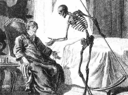death personified as a skeleton leans over an old man