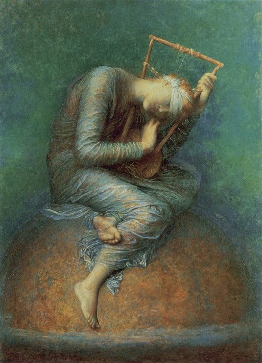 figure plays the lyre and sits atop the world blindfolded. 