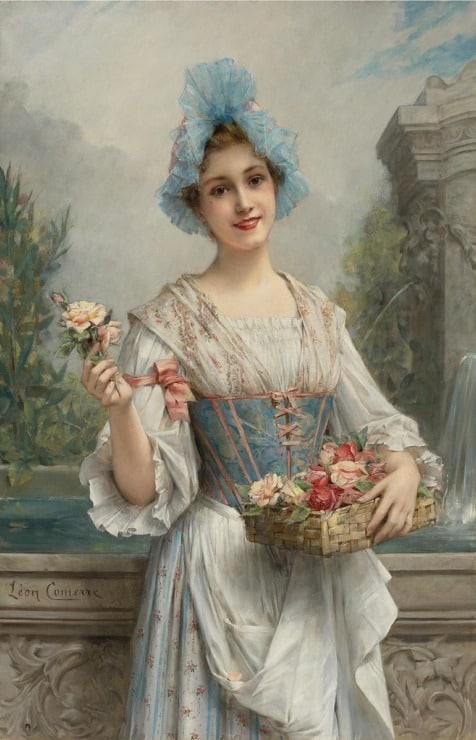 woman with a blue bonnet sells flowers 