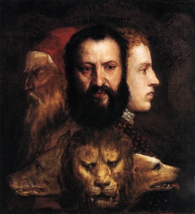 a portrait of a man in all stages of life, young to old with a lion's head att the bottom