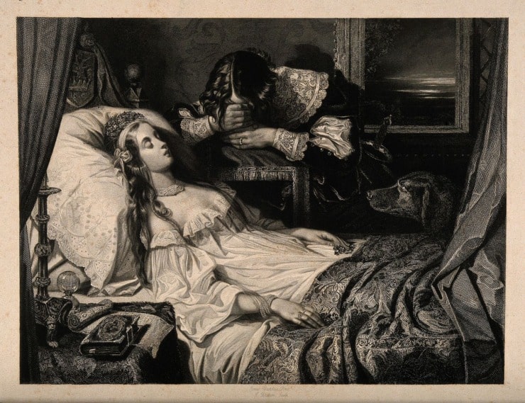 a woman lays on her deathbed while someone cries over her