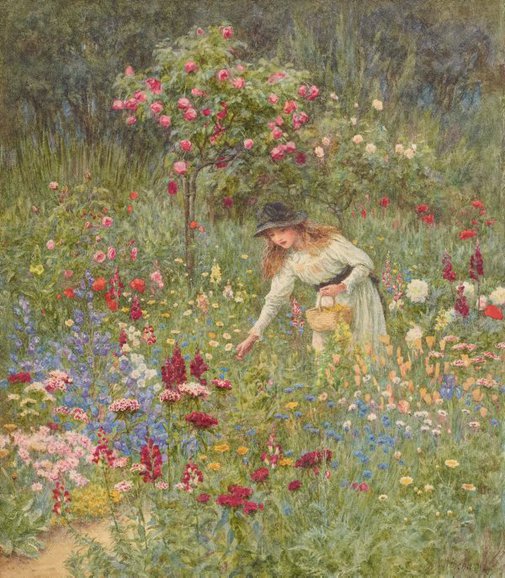 girl gathering flowers