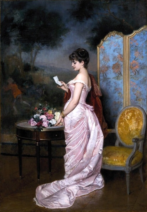 a woman reads a letter in her bedroom
