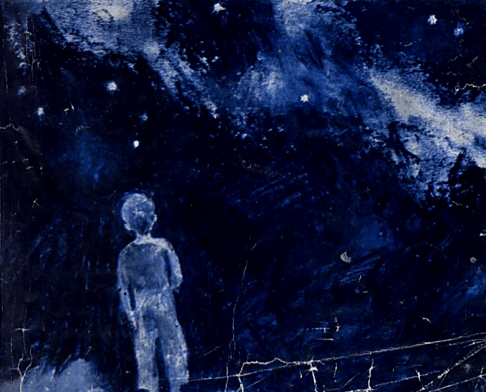 child looks up at the night sky stars