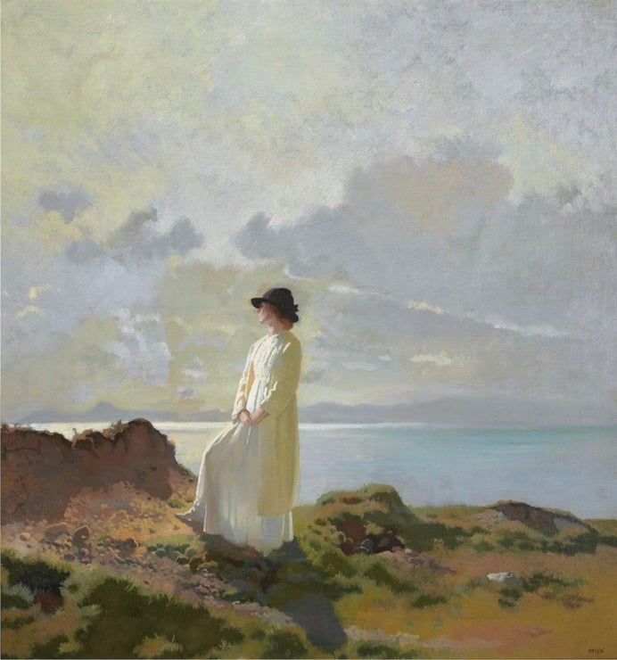 woman stands on cliff by the sea in the morning