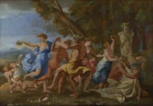 a bacchanalia scene with the statue of Pan in the background