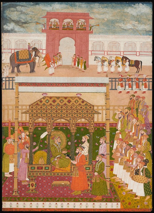 mughal court shows the emperor surrounded by people and elephants in a fort