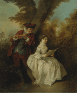 boy playing the flute and a seated girl is singing