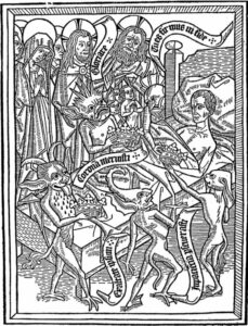 drawing of a man on their deathbed with priests and demons surrounding him