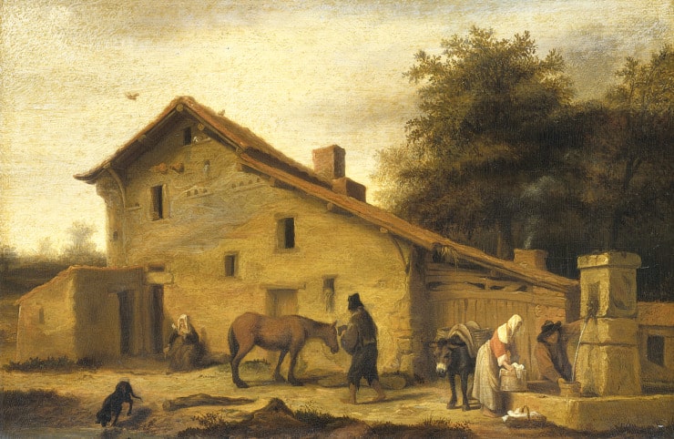 in front of an inn with animals and people