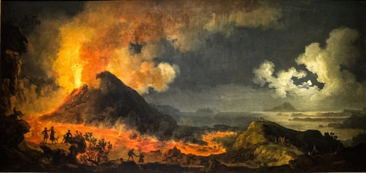 volcano eruption and people in the foreground watch