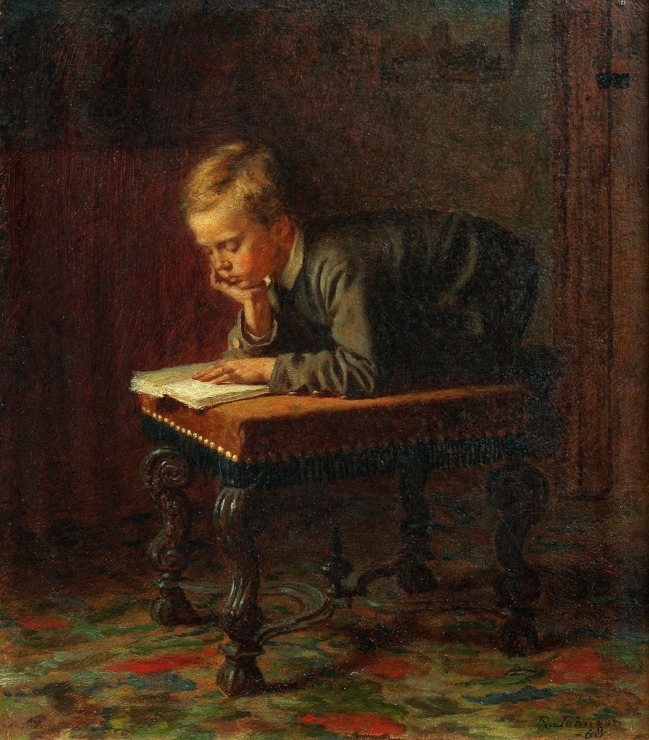 a boy immersed in reading his book curled up on a stool