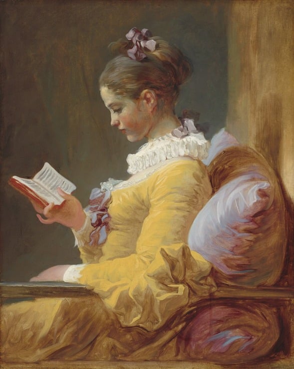 a maiden in a yellow dress is reading a book sitting down 