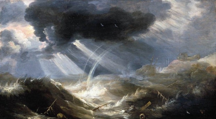 flood scene with broken ships