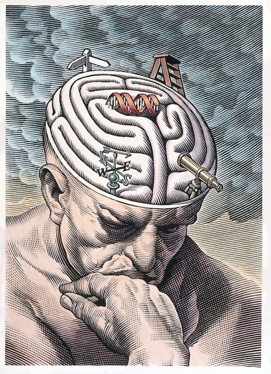 a man in the thinker position that shows his brain and several different objects popping out like a ladder and a scope